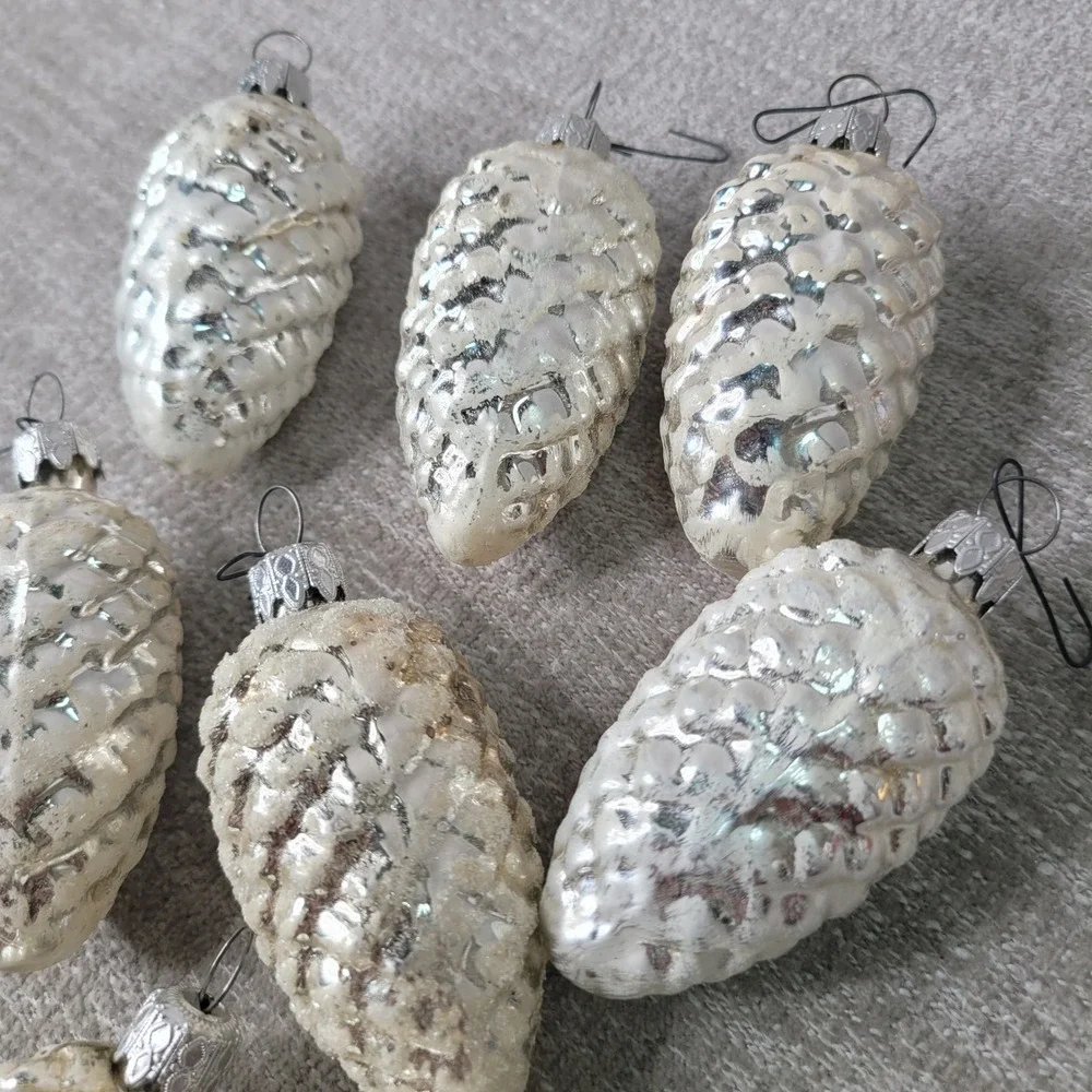 Set of 8 Vintage Mercury Glass Snowy Pinecone Christmas Ornaments Silver White